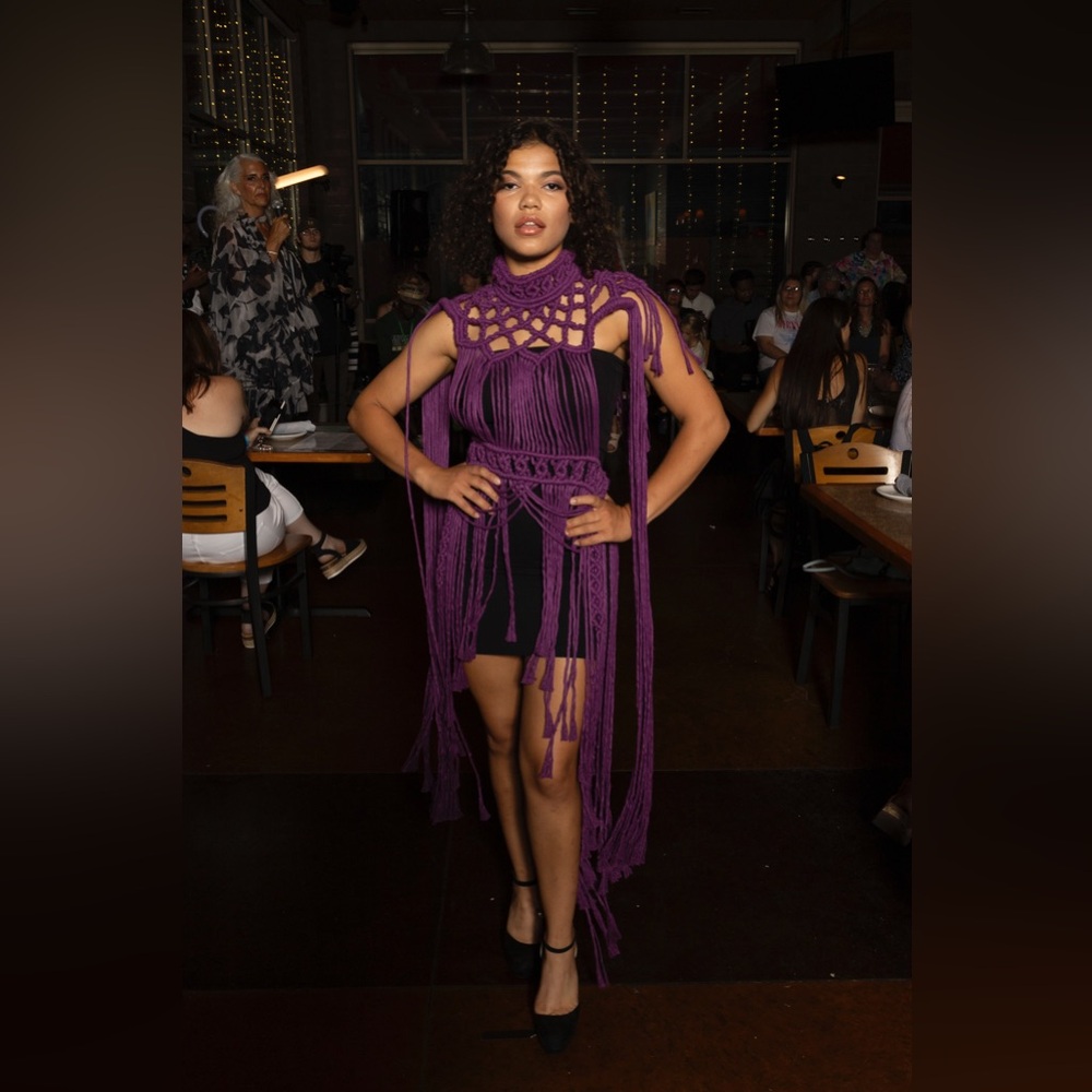 Original GoodVibeGoda Handmade Macramé Rope Dress Design Purple Fringe Knit